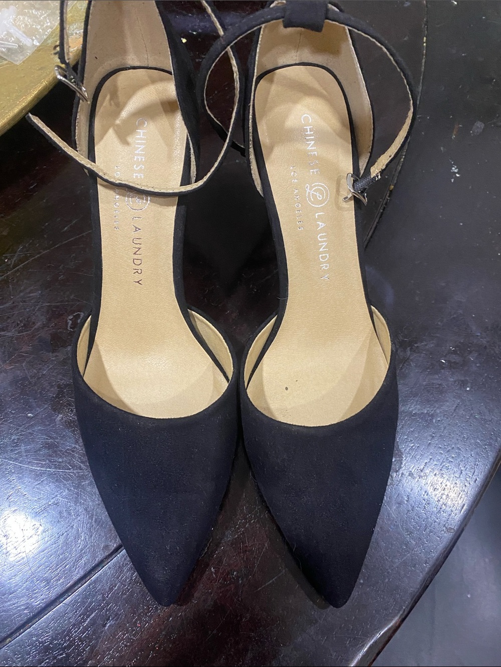 Chinese Laundry Black Pointed D'Orsay Ankle-Strap Heels